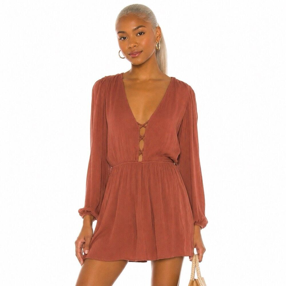 Patrons Of Peace Boho Mini Dress XL Long Sleeve V-Neck Terracotta Rust Flowy